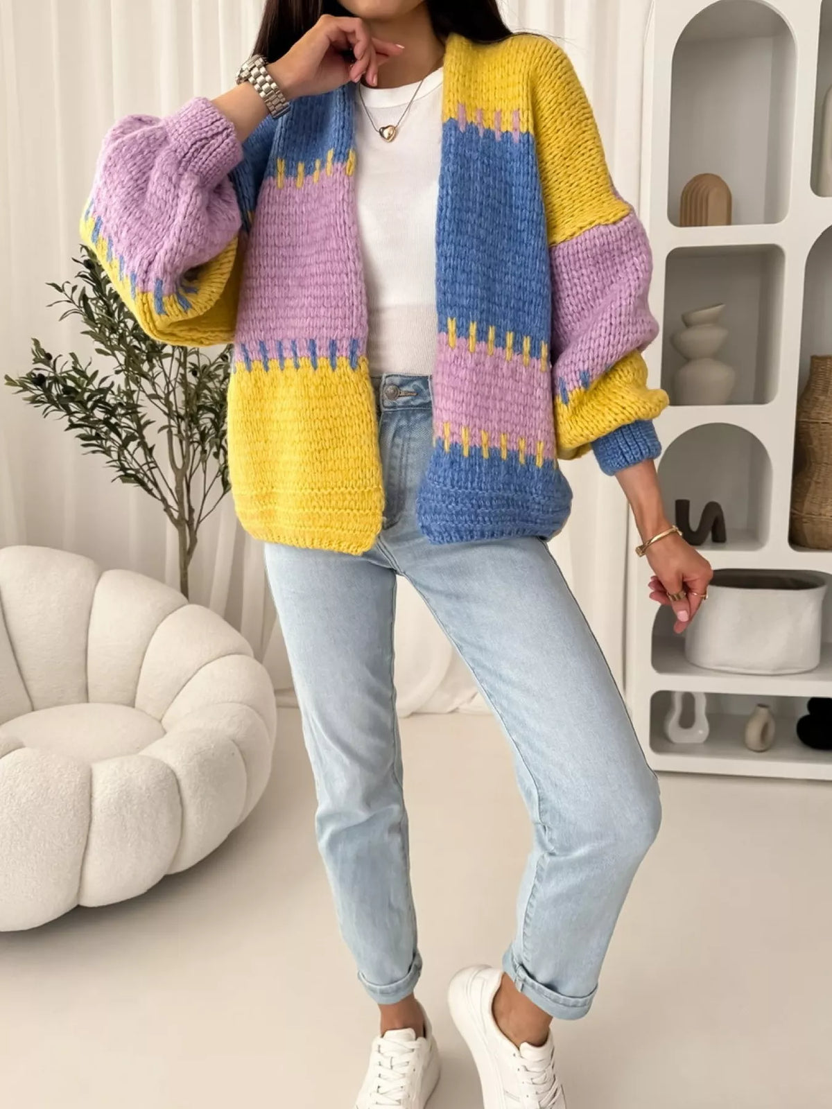Alma | Women's Color Block Open-Front Cardigan – Relaxed Knit Layer