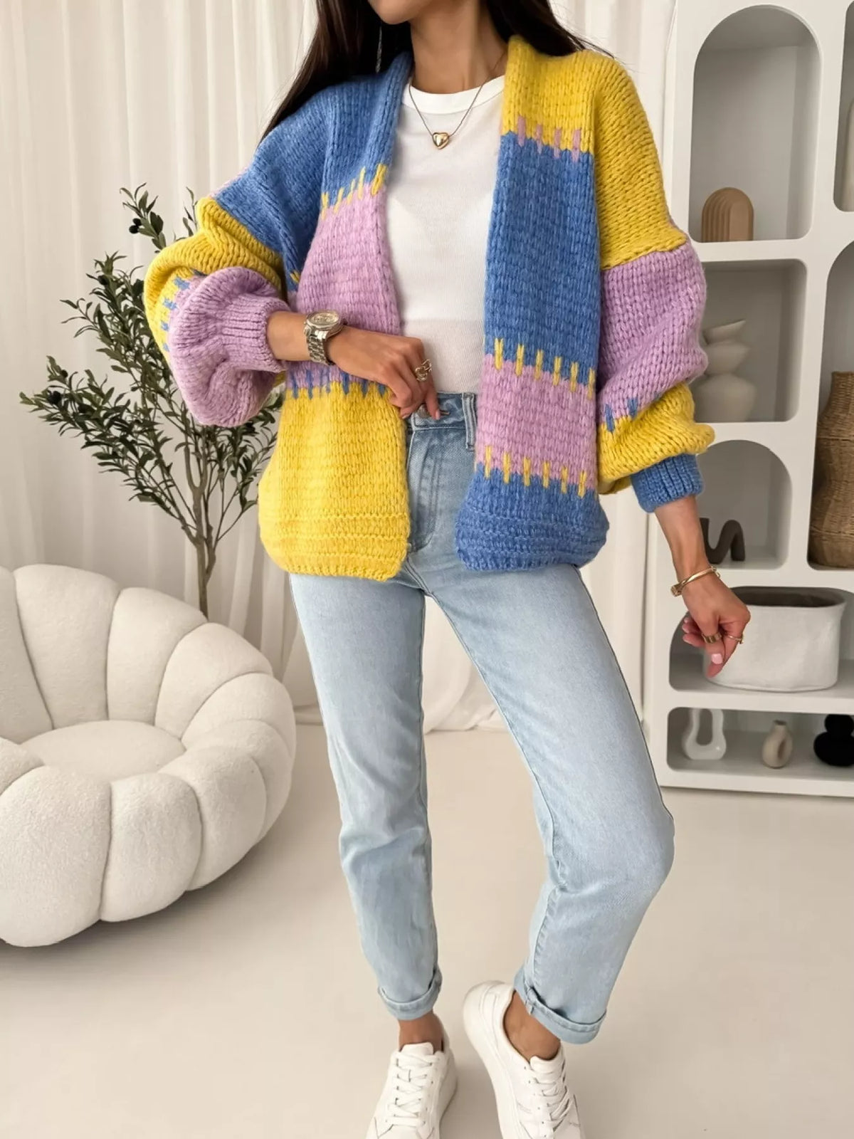 Alma | Women's Color Block Open-Front Cardigan – Relaxed Knit Layer