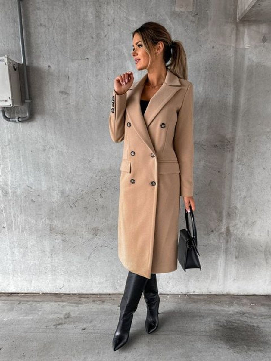 Alyssa | Women's Double-Breasted Midi Overcoat – Notch Lapels, Tailored Fit, Flap Pockets – Camel