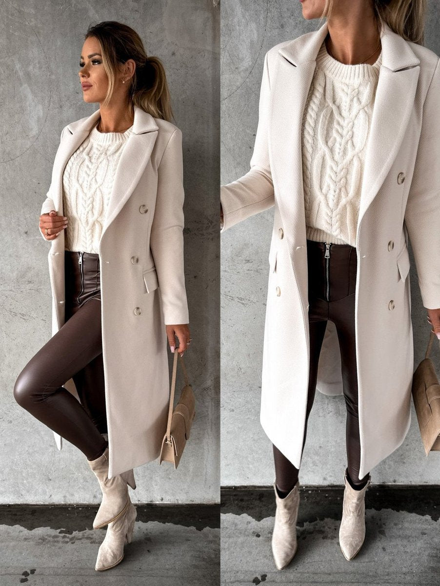 Alyssa | Women's Double-Breasted Midi Overcoat – Notch Lapels, Tailored Fit, Flap Pockets