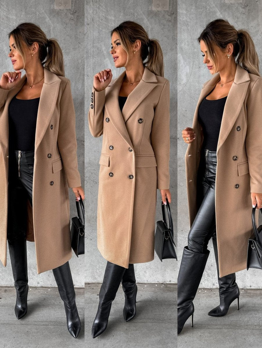 Alyssa | Women's Double-Breasted Midi Overcoat – Notch Lapels, Tailored Fit, Flap Pockets