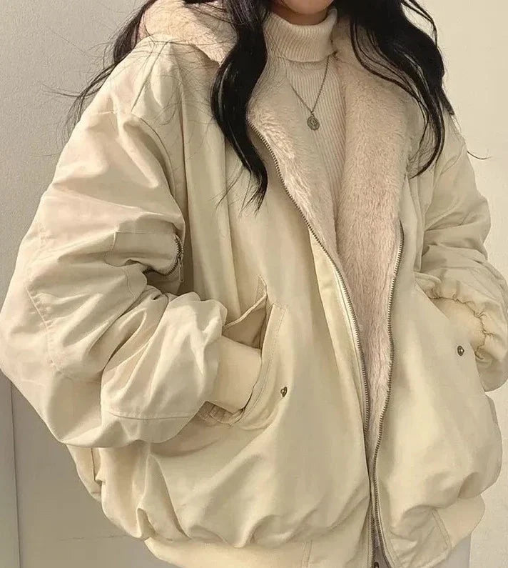 Amanda | Women's Oversized Faux Fur-Lined Bomber Jacket – Hooded, Zip Front, Ribbed Cuffs – Cream