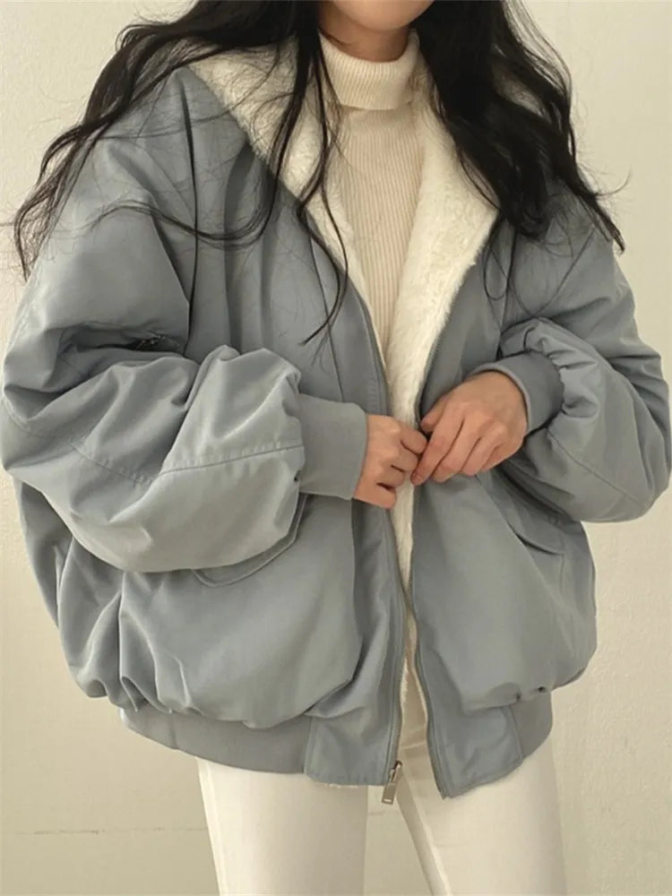 Amanda | Women's Oversized Faux Fur-Lined Bomber Jacket – Hooded, Zip Front, Ribbed Cuffs