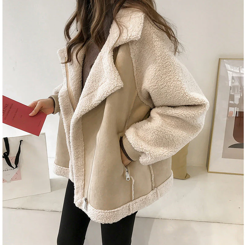 Angelina | Women's Faux Shearling Aviator Jacket – Fleece-Lined, Wide Lapel, Zip Front – Beige