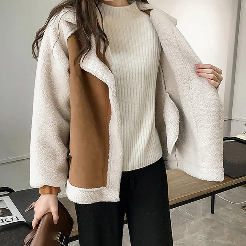 Angelina | Women's Faux Shearling Aviator Jacket – Fleece-Lined, Wide Lapel, Zip Front – Brown