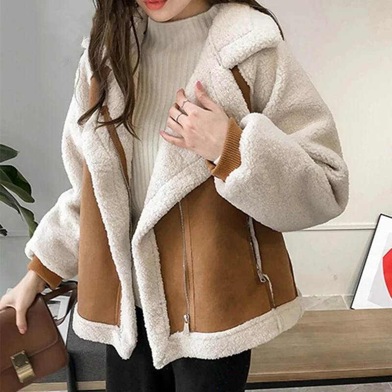 Angelina | Women's Faux Shearling Aviator Jacket – Fleece-Lined, Wide Lapel, Zip Front