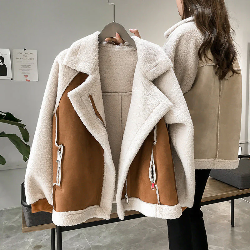 Angelina | Women's Faux Shearling Aviator Jacket – Fleece-Lined, Wide Lapel, Zip Front