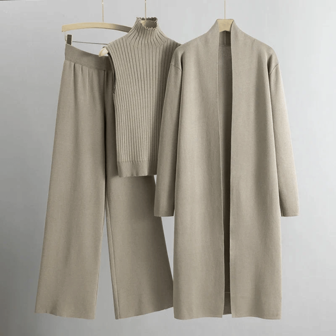 Anouk | Women's Three-Piece Ribbed Knit Set – Top, Wide-Leg Pants, Long Cardigan – Beige