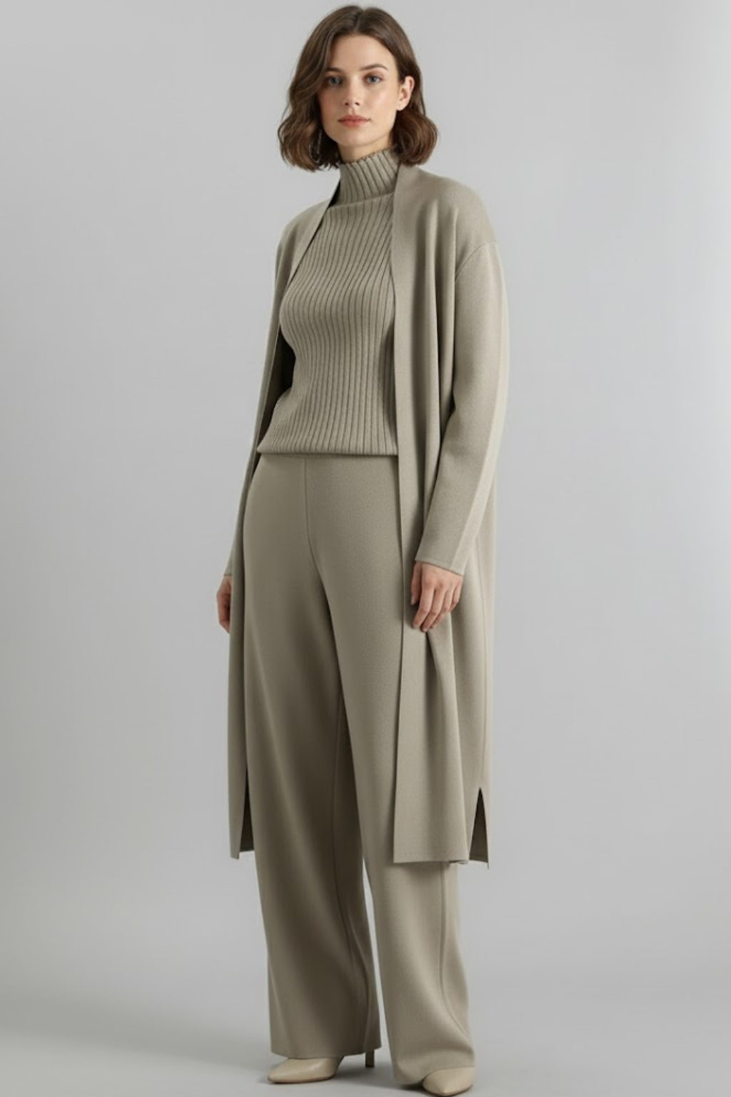 Anouk | Women's Three-Piece Ribbed Knit Set – Top, Wide-Leg Pants, Long Cardigan