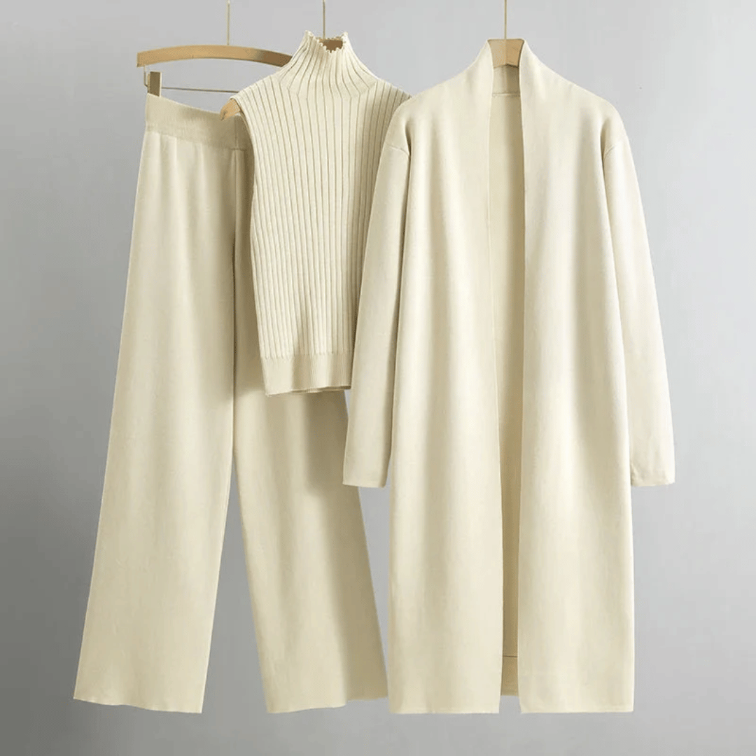 Anouk | Women's Three-Piece Ribbed Knit Set – Top, Wide-Leg Pants, Long Cardigan – Cream