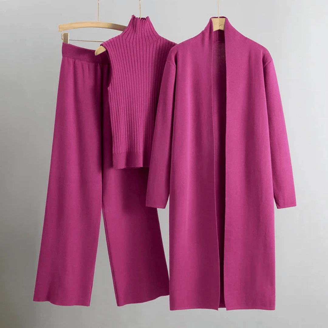 Anouk | Women's Three-Piece Ribbed Knit Set – Top, Wide-Leg Pants, Long Cardigan – Hot Pink