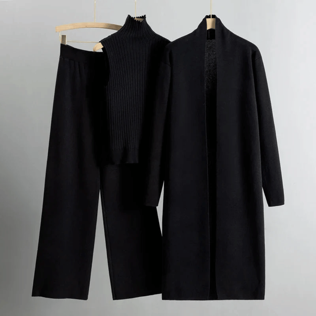 Anouk | Women's Three-Piece Ribbed Knit Set – Top, Wide-Leg Pants, Long Cardigan – Black
