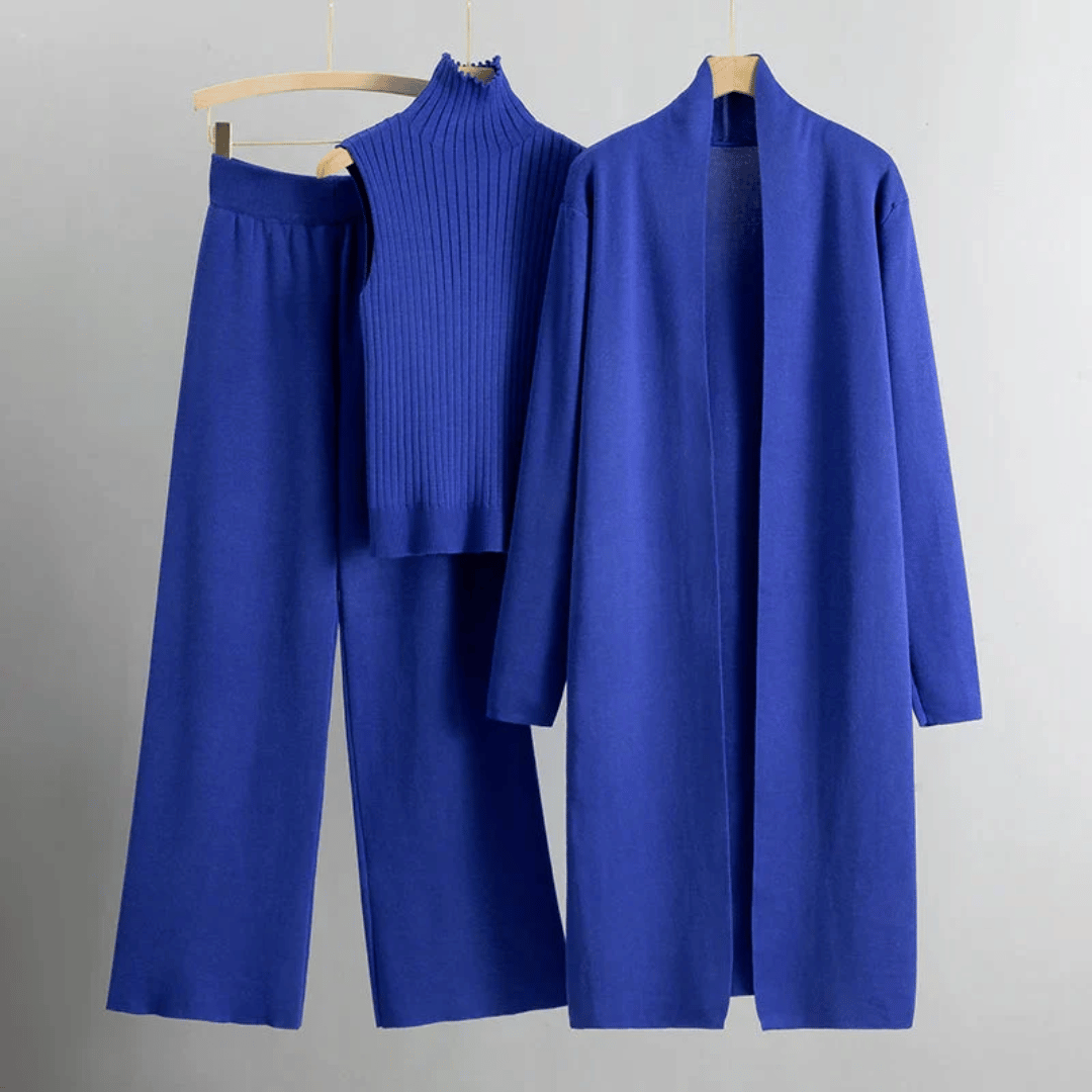 Anouk | Women's Three-Piece Ribbed Knit Set – Top, Wide-Leg Pants, Long Cardigan – Blue