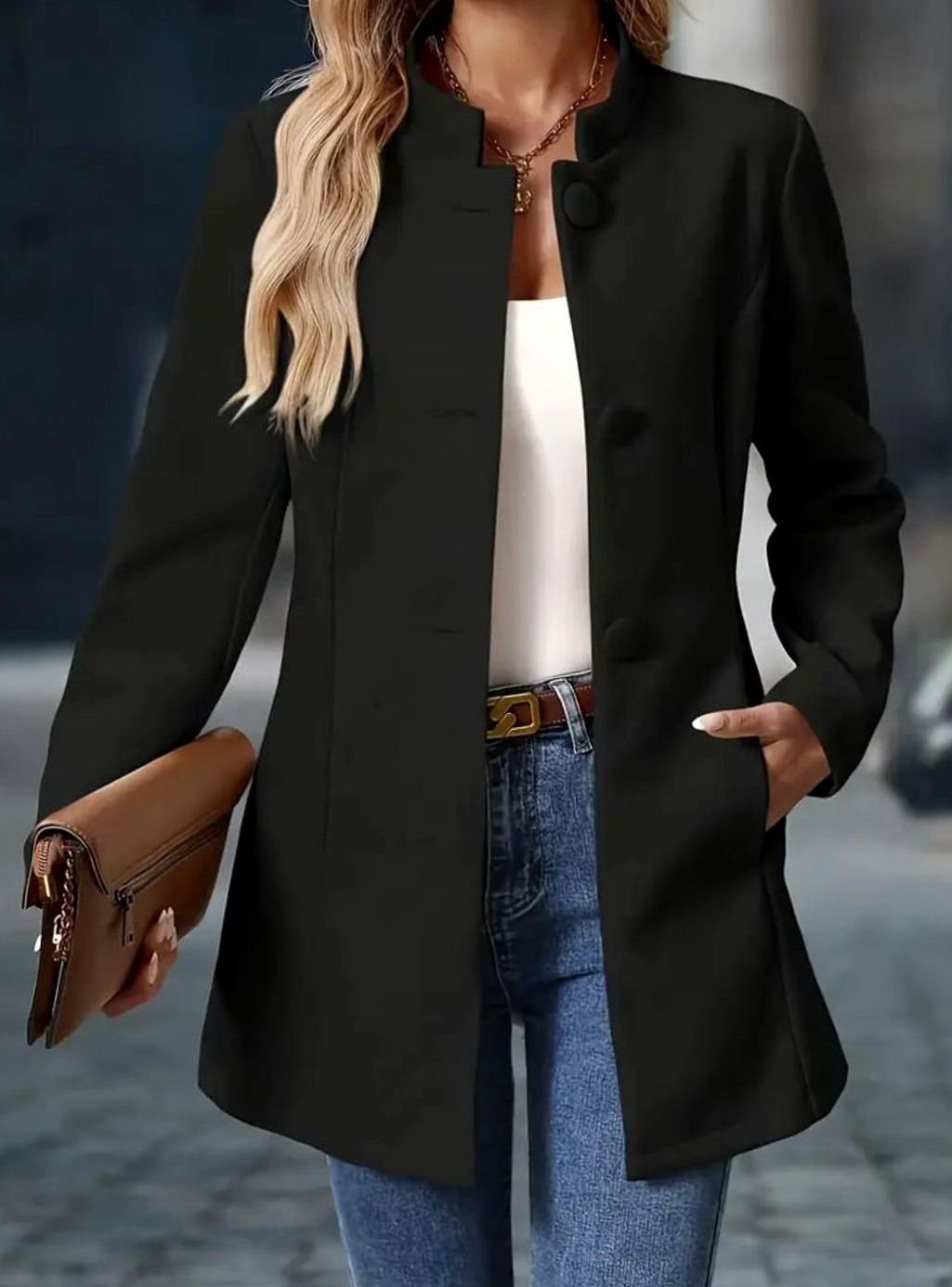 Anya | Women's Stand Collar Button Coat – Hip Length Elegant Winter Coat