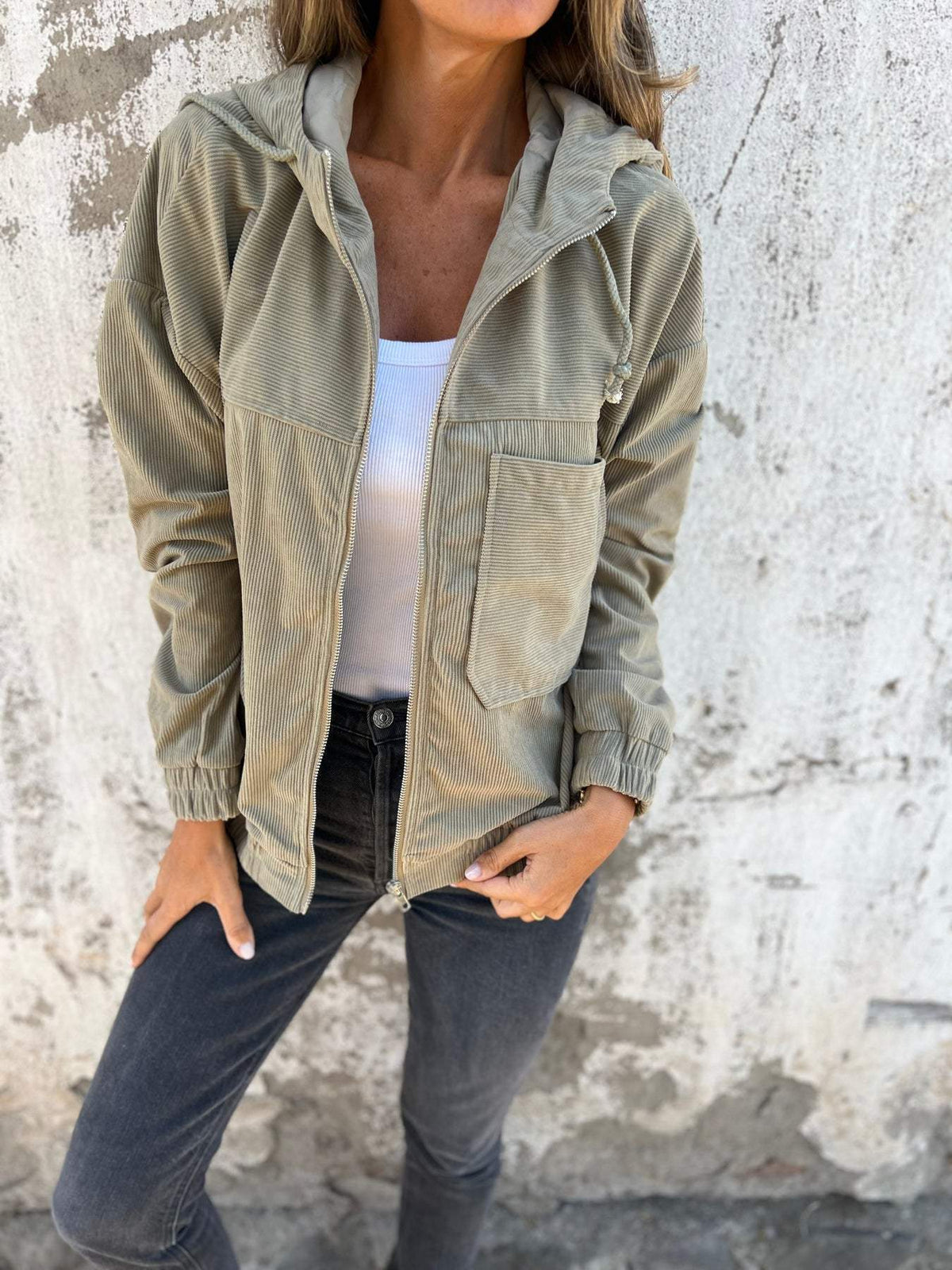 Ariana | Women's Hooded Cotton Jacket – Full Zip, Drawstring Waist, Relaxed Fit – Sage Green