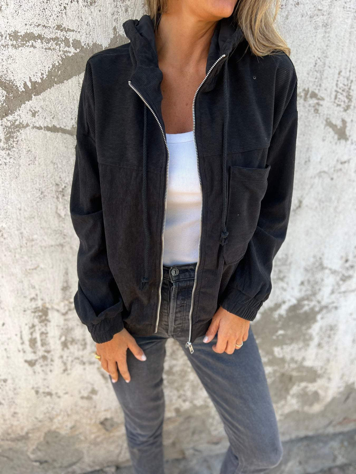 Ariana | Women's Hooded Cotton Jacket – Full Zip, Drawstring Waist, Relaxed Fit – Black
