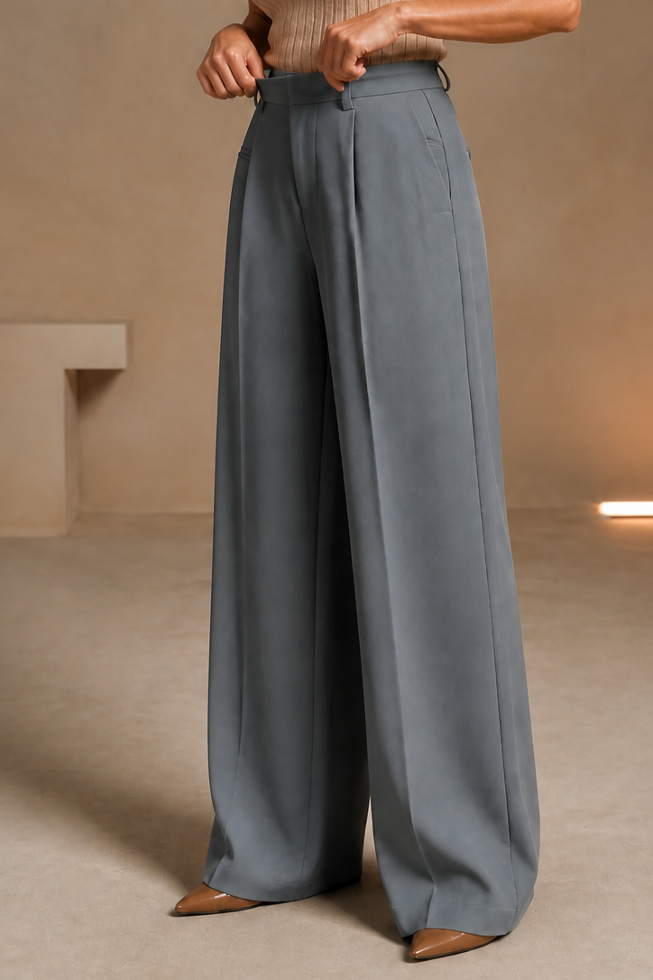 Astrid | Women's High-Waisted Wide-Leg Pants – Full Length Tailored Dress Pants – Gray Blue