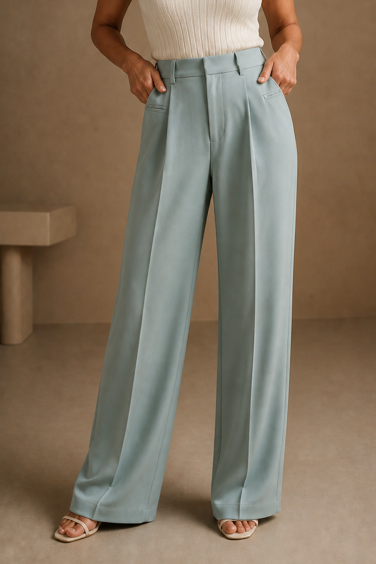 Astrid | Women's High-Waisted Wide-Leg Pants – Full Length Tailored Dress Pants – Light Blue