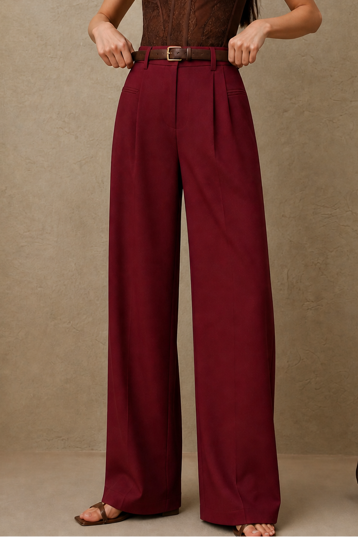 Astrid | Women's High-Waisted Wide-Leg Pants – Full Length Tailored Dress Pants – Burgundy