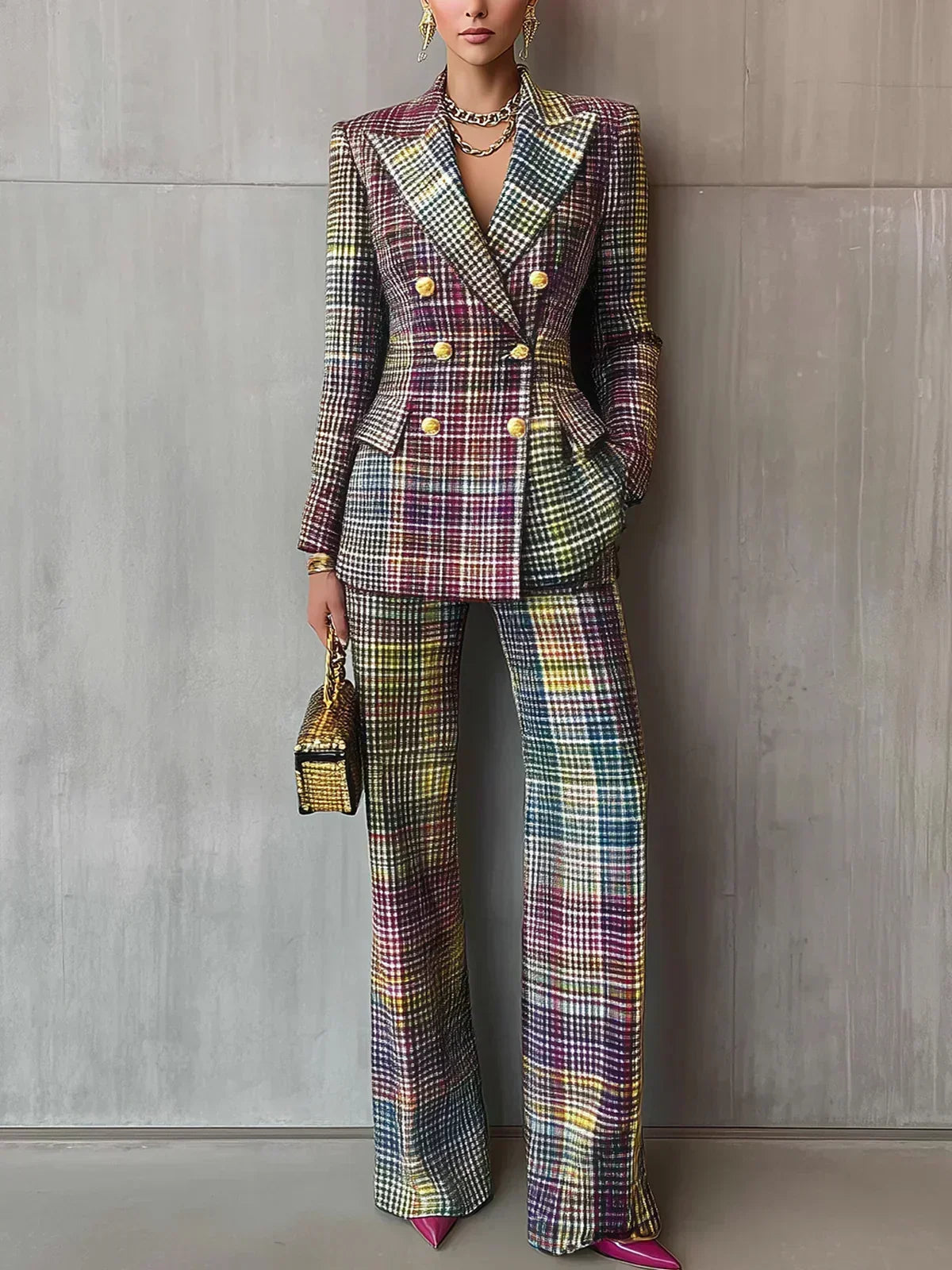 Aubrey | Women's Plaid Blazer and Trouser Set – Double-Breasted Two-Piece Suit – Multicolor Plaid