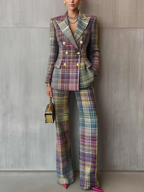 Aubrey | Women's Plaid Blazer and Trouser Set – Double-Breasted Two-Piece Suit – Multicolor Plaid