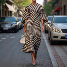 Beatrice – Women's Batwing Sleeve Midi Dress – Graphic Stripe Print with Belted Waist