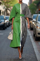 Beatrice – Women's Batwing Sleeve Midi Dress – Graphic Stripe Print with Belted Waist – Green Stripe