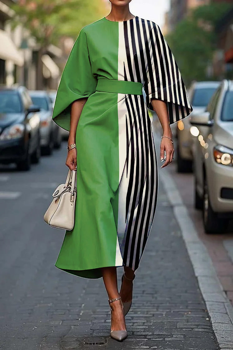 Beatrice – Women's Batwing Sleeve Midi Dress – Graphic Stripe Print with Belted Waist – Green Stripe