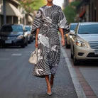 Beatrice – Women's Batwing Sleeve Midi Dress – Graphic Stripe Print with Belted Waist