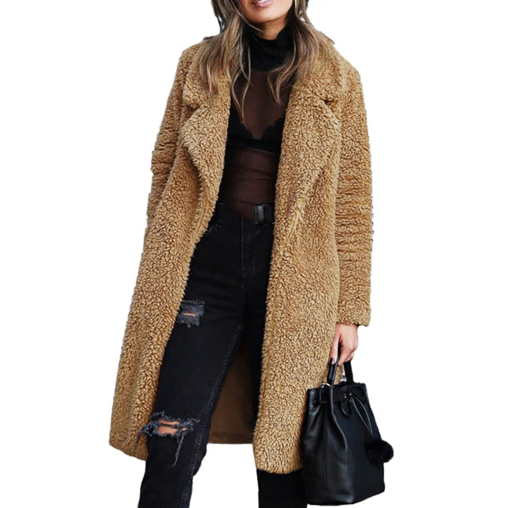 Blake | Women's Plush Teddy Coat – Knee Length, Wide Lapel, Fleece Lined – Khaki