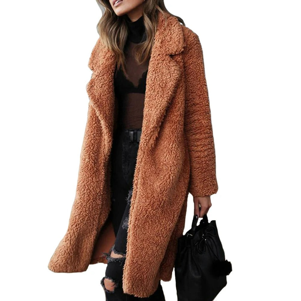 Blake | Women's Plush Teddy Coat – Knee Length, Wide Lapel, Fleece Lined – Brown
