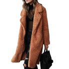 Blake | Women's Plush Teddy Coat – Knee Length, Wide Lapel, Fleece Lined – Brown