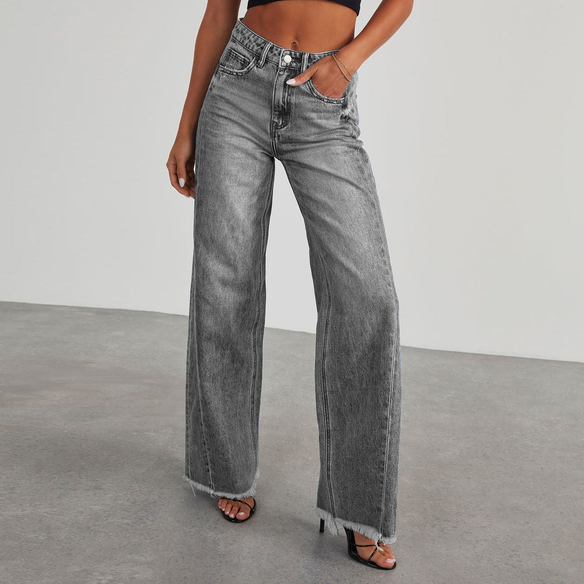 Blythe | Women's High-Waist Wide-Leg Jeans – Raw Hem, Five-Pocket Denim – Grey