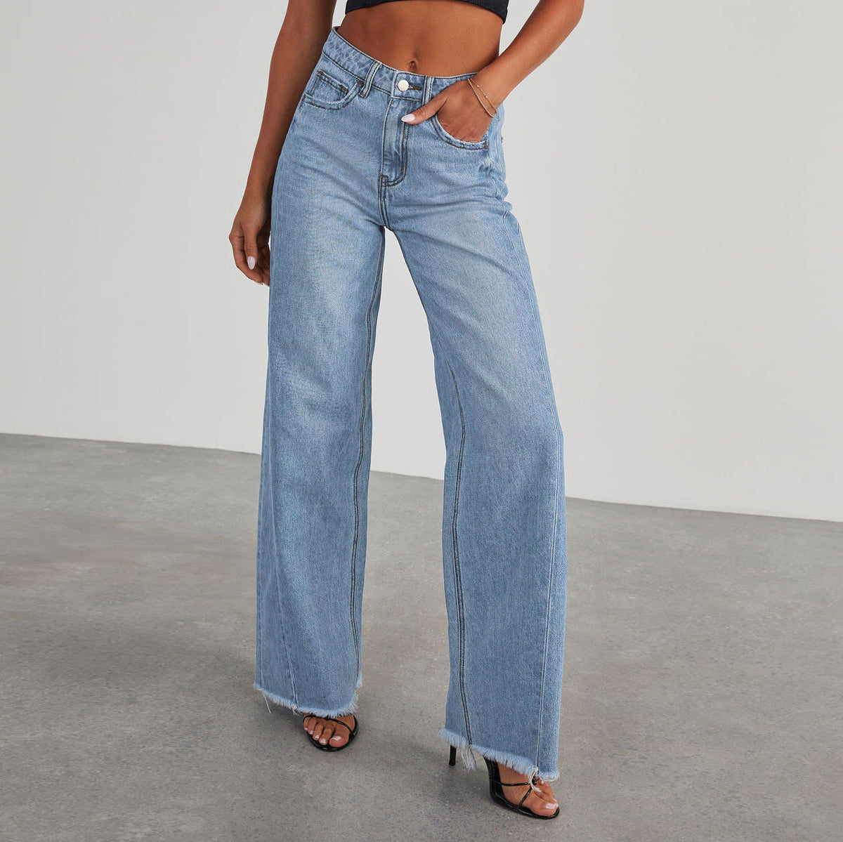 Blythe | Women's High-Waist Wide-Leg Jeans – Raw Hem, Five-Pocket Denim – Light Blue
