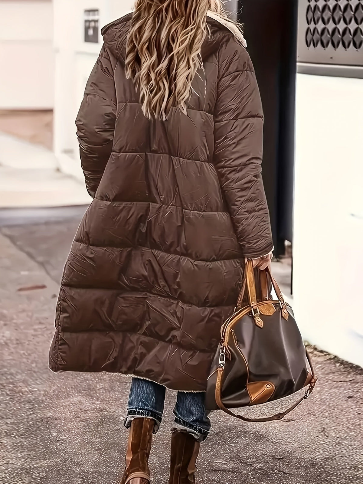 Brianna | Women's Long Hooded Puffer Coat – Faux Shearling Lining, Full Zip, Deep Pockets