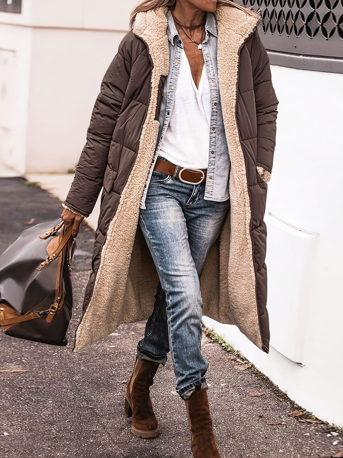 Brianna | Women's Long Hooded Puffer Coat – Faux Shearling Lining, Full Zip, Deep Pockets – Brown
