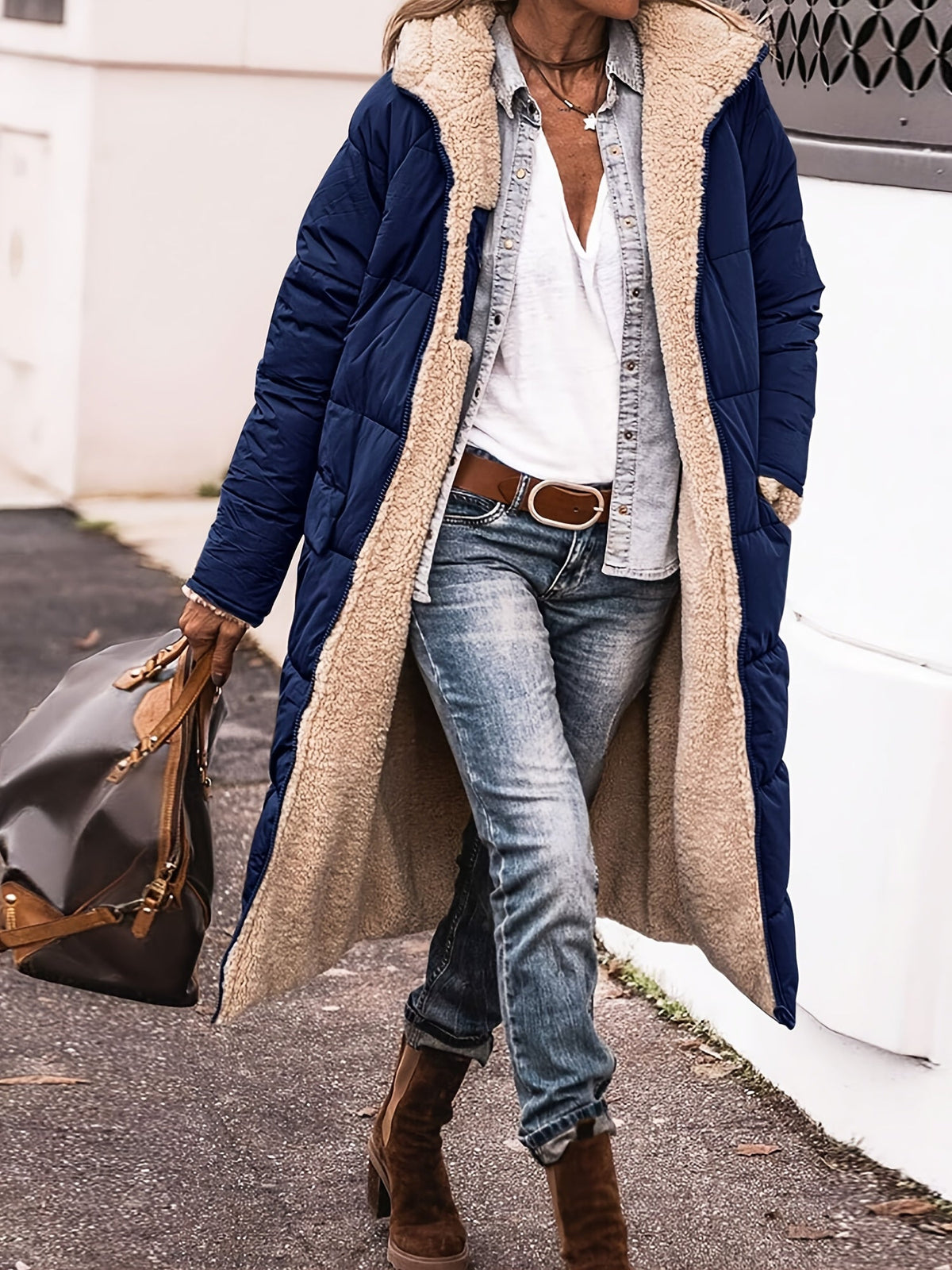 Brianna | Women's Long Hooded Puffer Coat – Faux Shearling Lining, Full Zip, Deep Pockets – Navy