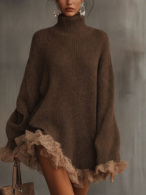 Calla | Women's Oversized Turtleneck Sweater Dress – Chunky Knit, Lace Ruffle Trim – Brown