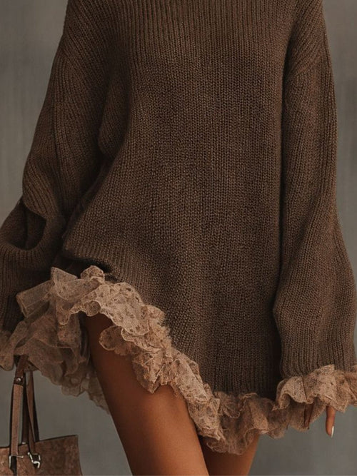 Calla | Women's Oversized Turtleneck Sweater Dress – Chunky Knit, Lace Ruffle Trim