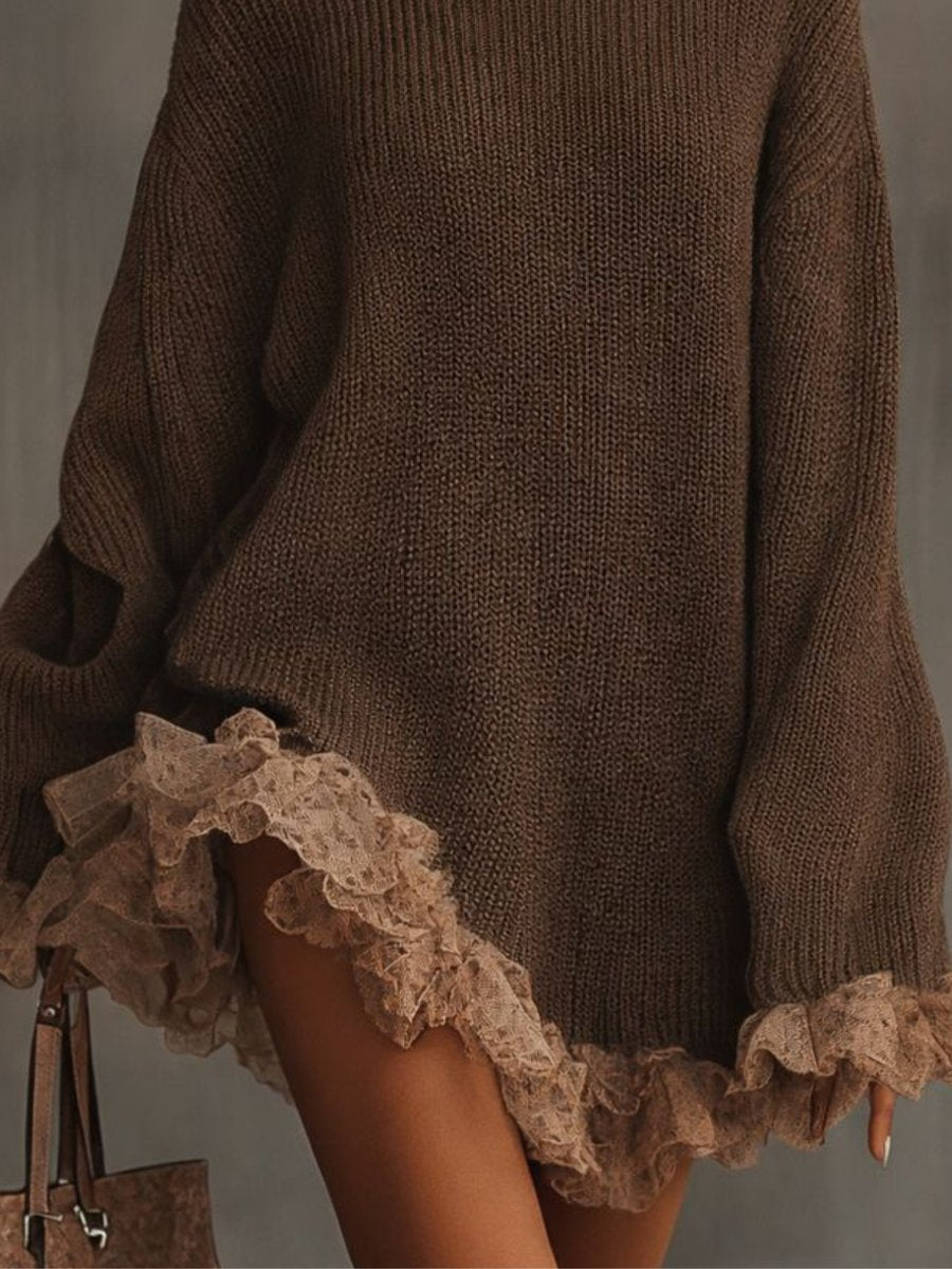 Calla | Women's Oversized Turtleneck Sweater Dress – Chunky Knit, Lace Ruffle Trim