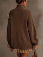 Calla | Women's Oversized Turtleneck Sweater Dress – Chunky Knit, Lace Ruffle Trim