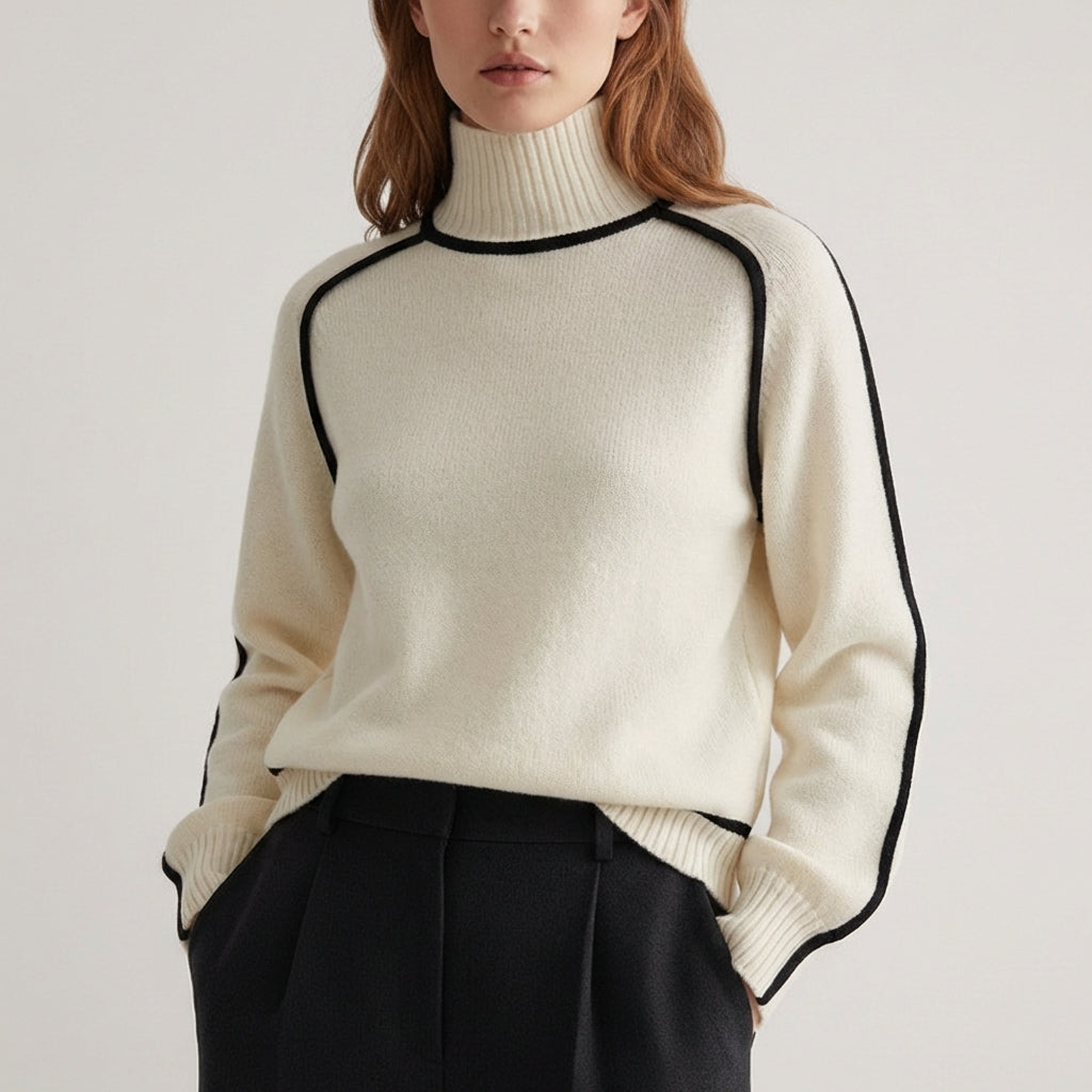 Carla | Women's Turtleneck Knit Sweater – Contrast Piping, Raglan Sleeves – Cream