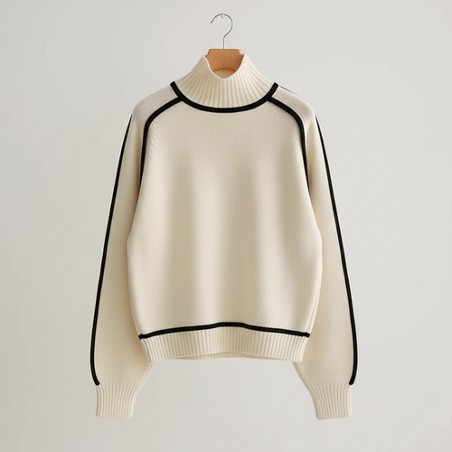 Carla | Women's Turtleneck Knit Sweater – Contrast Piping, Raglan Sleeves