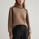 Carla | Women's Turtleneck Knit Sweater – Contrast Piping, Raglan Sleeves – Camel