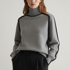 Carla | Women's Turtleneck Knit Sweater – Contrast Piping, Raglan Sleeves – Light Gray