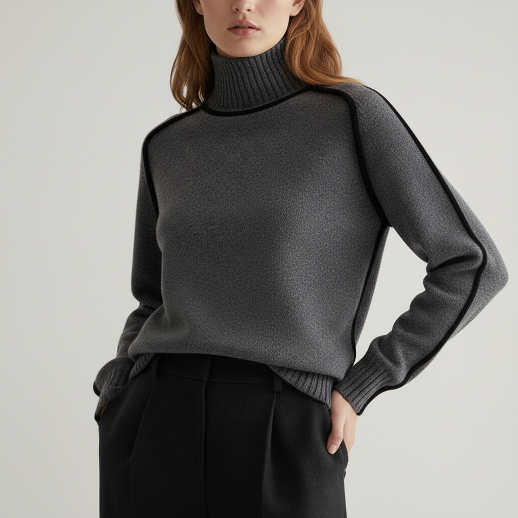 Carla | Women's Turtleneck Knit Sweater – Contrast Piping, Raglan Sleeves – Charcoal