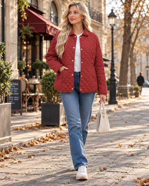 Carmen | Women's Diamond Quilted Jacket – Stand Collar, Snap Buttons, Pockets – Red
