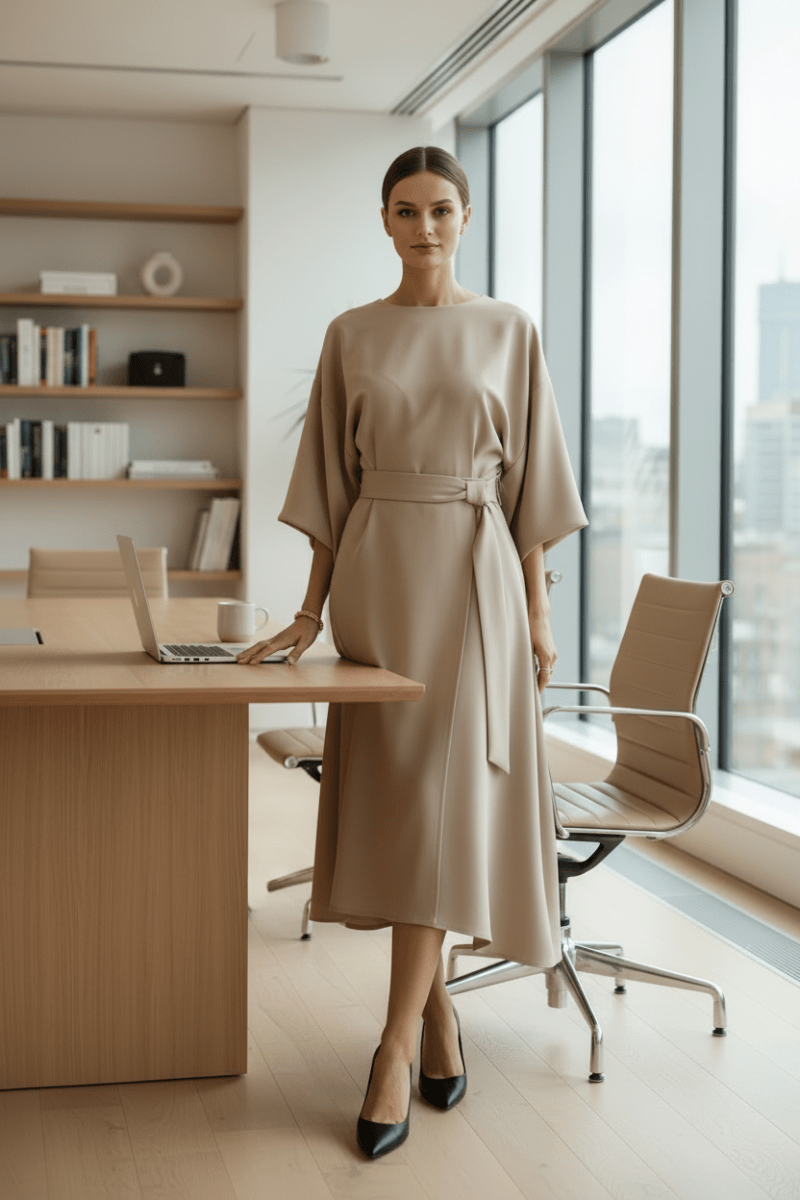 Celeste – Women's Lantern Sleeve Midi Dress – Fluid Silhouette for Day to Evening