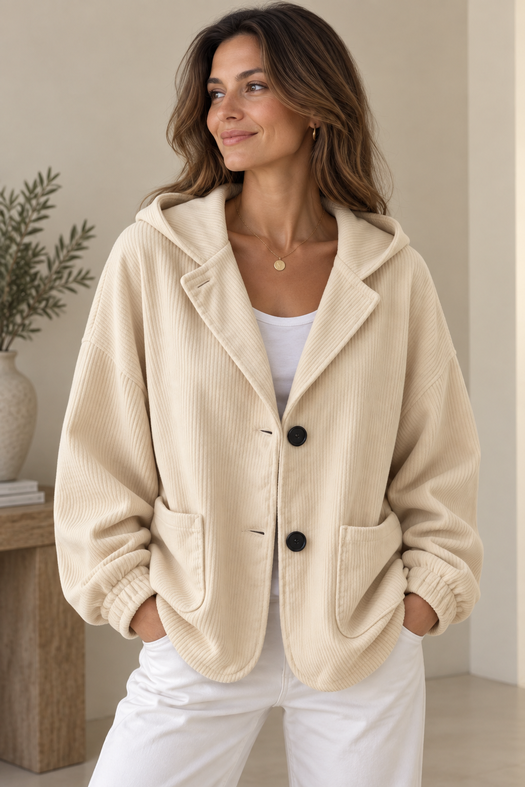 Women's Oversized Corduroy-Effect Hooded Jacket – Button Front