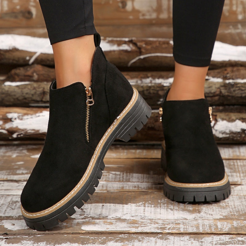 Chelsea | Women's Suede-Look Ankle Boots – Side Zip, Chunky Lug Sole, Stitched Welt – Black